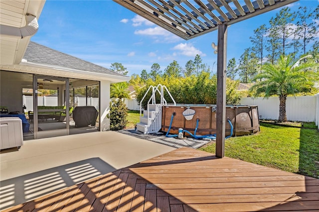 8880 SE 161st St, Summerfield, FL 34491 - wooden deck with a fenced in pool, a yard, a fenced backyard, a pergola, and a patio