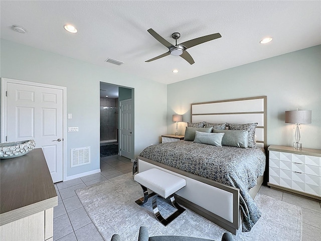 tiled bedroom featuring recessed lighting, visible vents, and ceiling fan