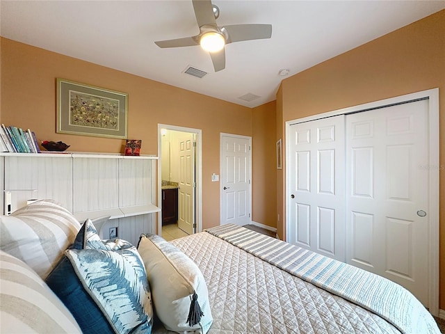 bedroom featuring a closet, visible vents, and ceiling fan