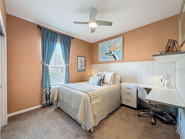 bedroom with light colored carpet and ceiling fan