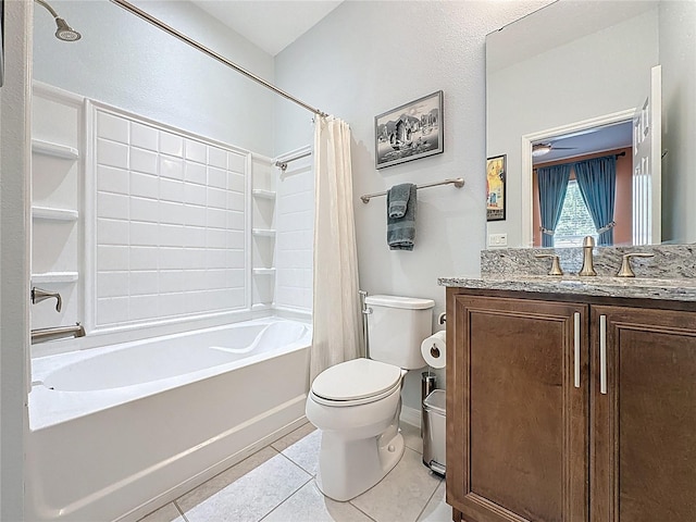 full bath featuring baseboards, toilet, shower / tub combo with curtain, tile patterned floors, and vanity