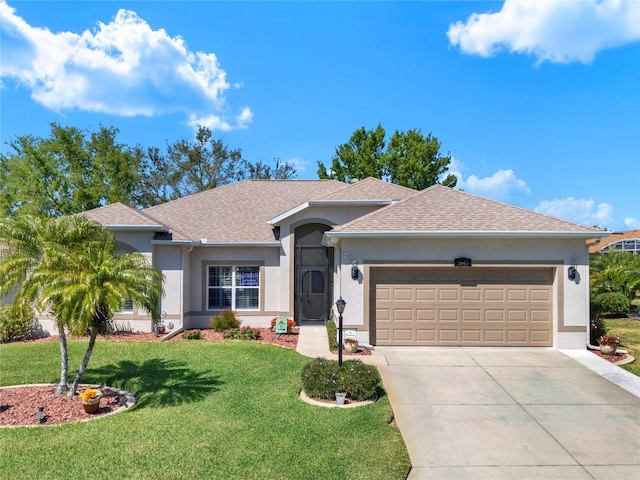 ranch-style house featuring a shingled roof, a front lawn, stucco siding, a garage, and driveway