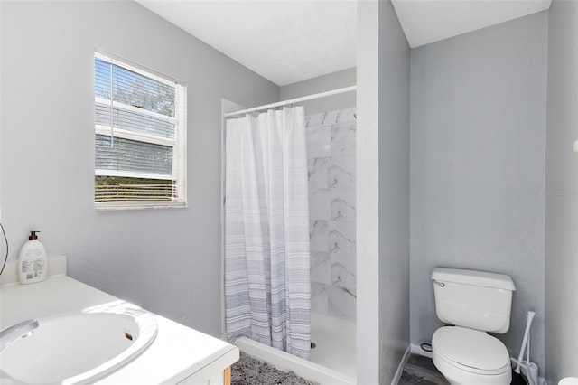 full bathroom featuring vanity, toilet, and a shower stall