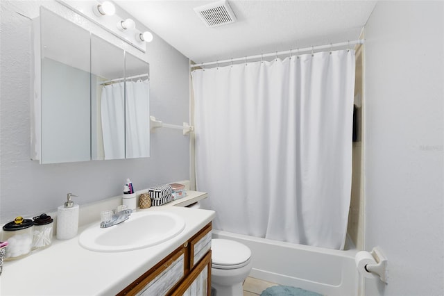 full bath featuring visible vents, toilet, vanity, and shower / bath combo