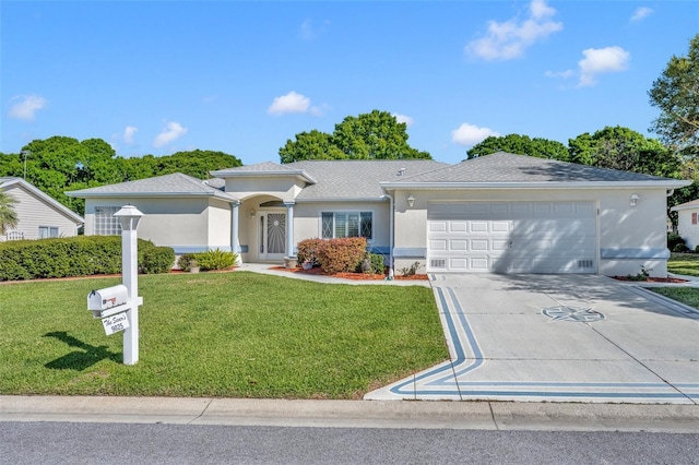 ranch-style house featuring stucco siding, an attached garage, driveway, and a front lawn