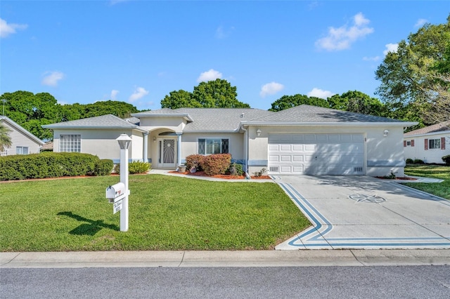 single story home with a front lawn, a garage, driveway, and stucco siding