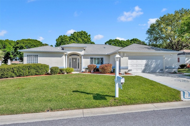 ranch-style house with stucco siding, a front lawn, concrete driveway, and a garage