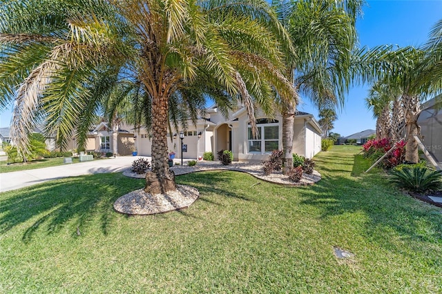 mediterranean / spanish-style house with stucco siding, driveway, an attached garage, and a front yard