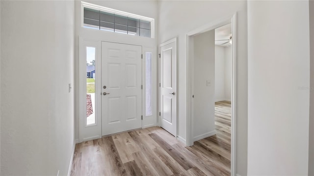 foyer featuring a healthy amount of sunlight, light wood-style floors, and baseboards