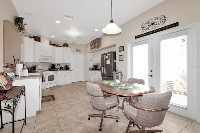 dining room featuring visible vents, recessed lighting, french doors, and a ceiling fan