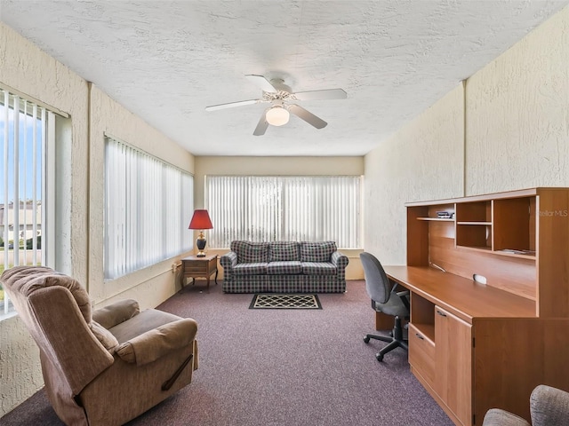 office featuring a textured wall, carpet floors, and a textured ceiling