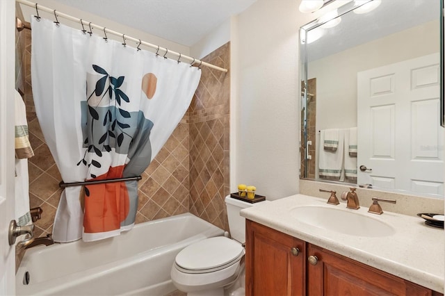 full bath featuring shower / bathtub combination with curtain, toilet, and vanity