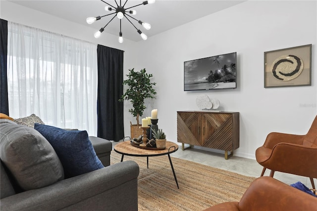 living room featuring a notable chandelier and light tile patterned flooring