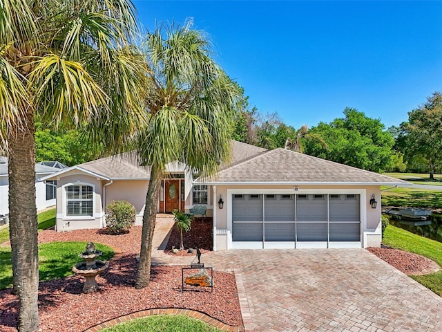 single story home with stucco siding, an attached garage, decorative driveway, and roof with shingles