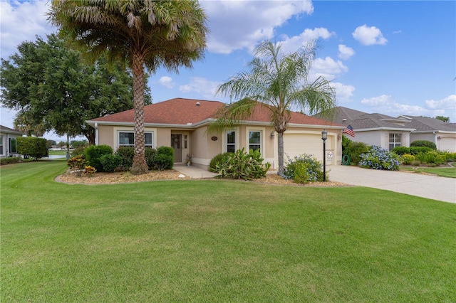 single story home with stucco siding, an attached garage, driveway, and a front lawn