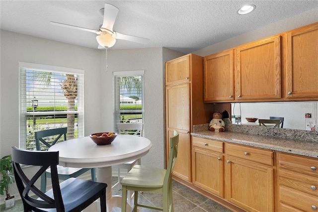 kitchen featuring light stone counters, dark tile patterned flooring, a ceiling fan, and a textured ceiling