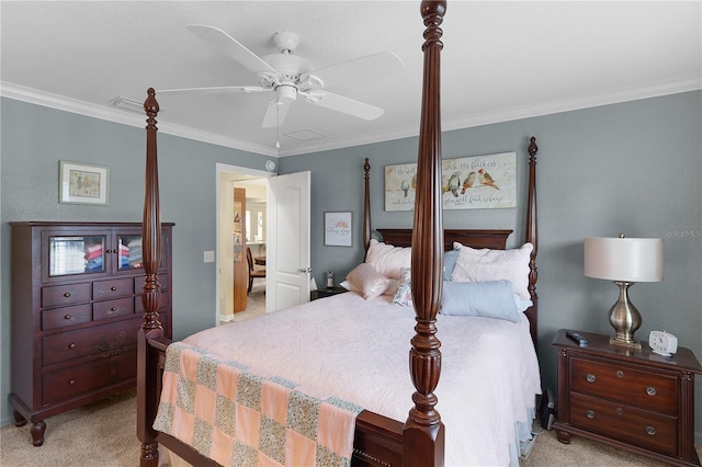 bedroom with light carpet, crown molding, and ceiling fan