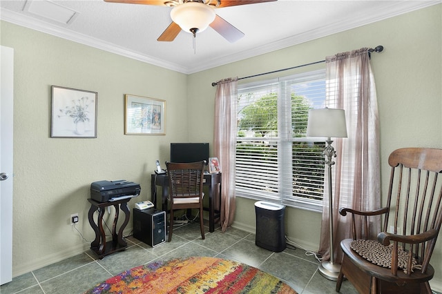 tiled office featuring baseboards, a ceiling fan, and crown molding