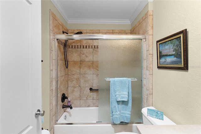 full bathroom with vanity, crown molding, toilet, and combined bath / shower with glass door