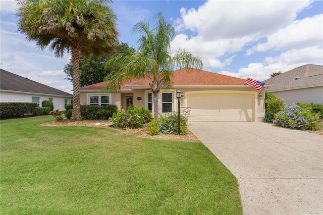 single story home featuring stucco siding, a front lawn, concrete driveway, and an attached garage