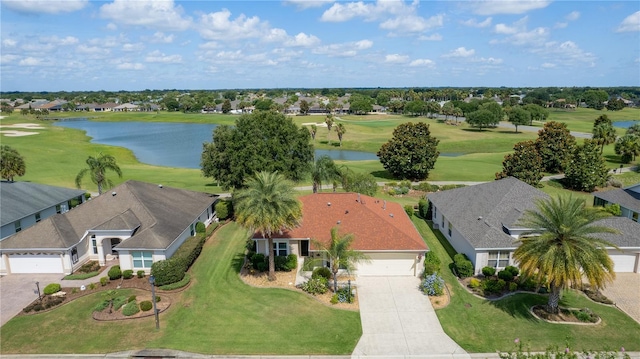 bird's eye view featuring a water view and golf course view