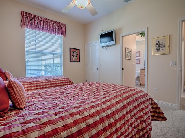 bedroom featuring visible vents, ceiling fan, baseboards, and carpet floors