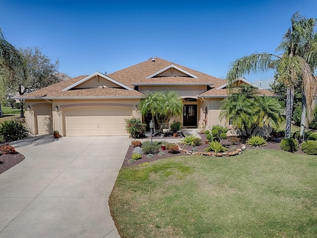 view of front of home with stucco siding, driveway, an attached garage, and a front lawn