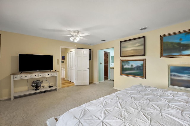 bedroom with visible vents, carpet flooring, a ceiling fan, and baseboards