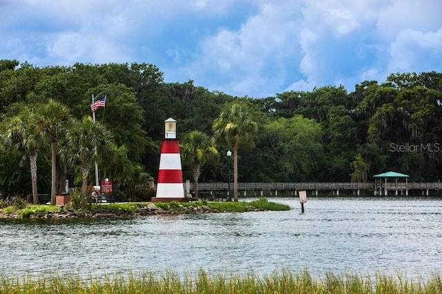 view of community featuring a wooded view and a water view