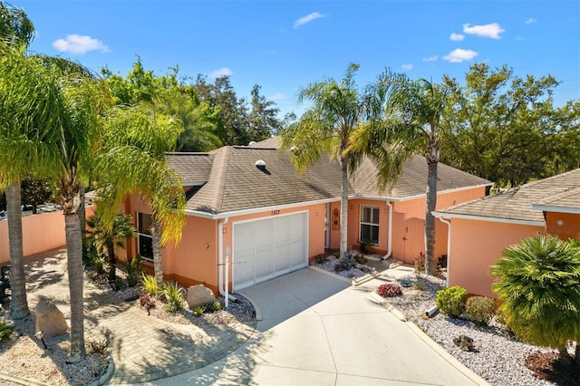 view of front facade featuring fence, an attached garage, a shingled roof, stucco siding, and concrete driveway