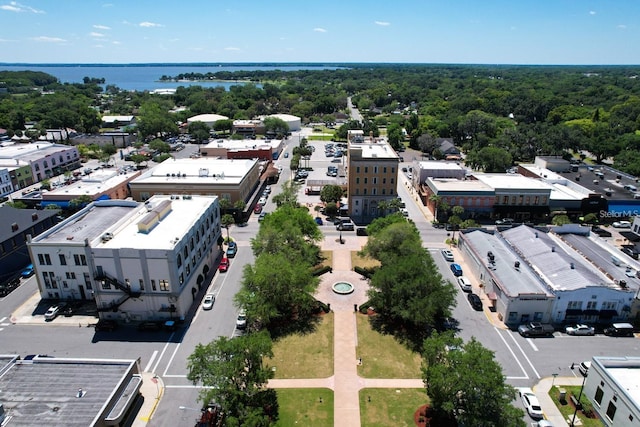 birds eye view of property with a view of trees and a water view