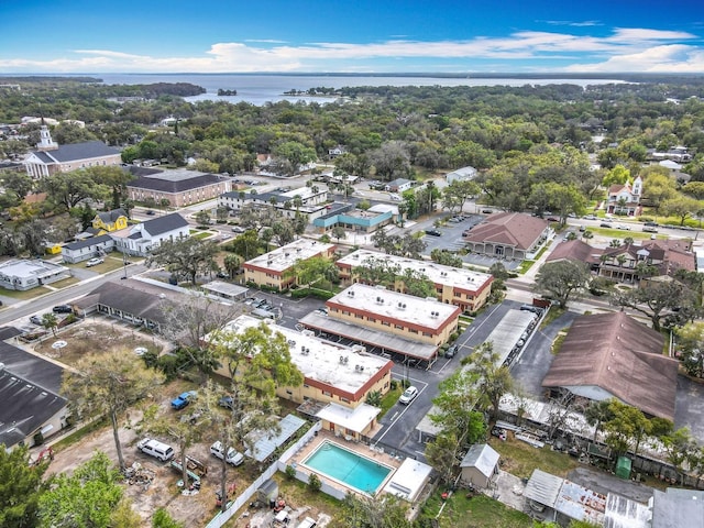 drone / aerial view with a water view