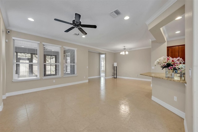 unfurnished living room with visible vents, crown molding, baseboards, recessed lighting, and ceiling fan with notable chandelier