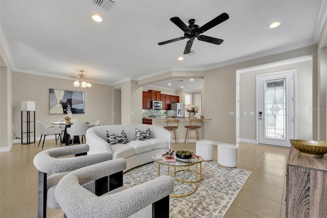 living area with light tile patterned flooring, recessed lighting, and ornamental molding