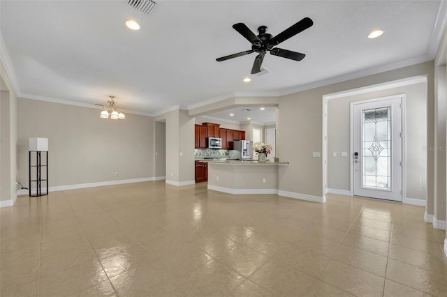 unfurnished living room with recessed lighting, visible vents, baseboards, and crown molding