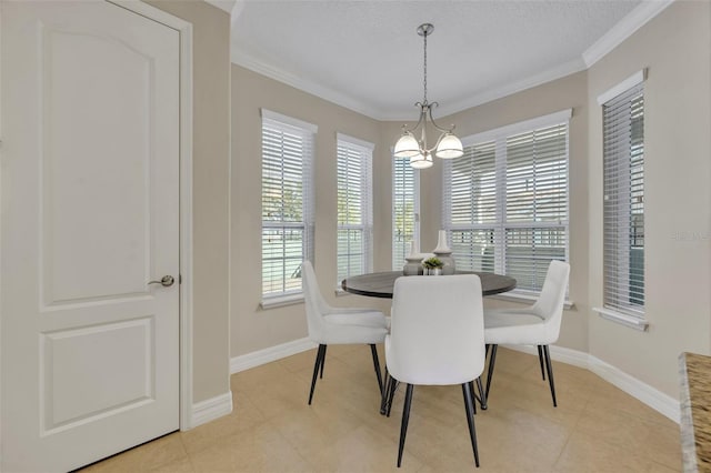 dining room featuring ornamental molding, a textured ceiling, an inviting chandelier, light tile patterned flooring, and baseboards