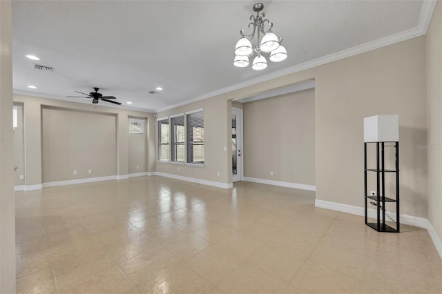 unfurnished room featuring visible vents, baseboards, recessed lighting, crown molding, and ceiling fan with notable chandelier