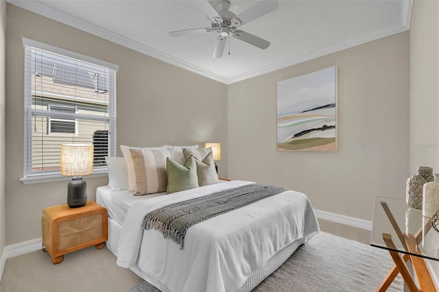 bedroom with baseboards, multiple windows, and crown molding