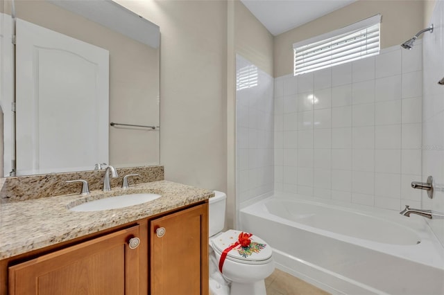 full bathroom with vanity,  shower combination, toilet, and tile patterned floors