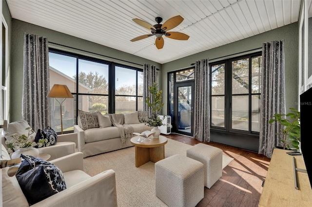 living area with wooden ceiling, a ceiling fan, and wood finished floors