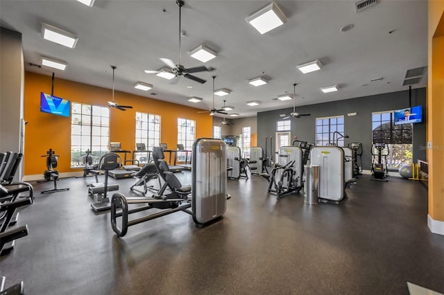 gym featuring a ceiling fan, visible vents, and baseboards