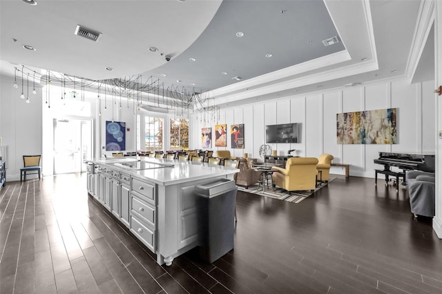 kitchen with a large island, visible vents, light countertops, and a tray ceiling