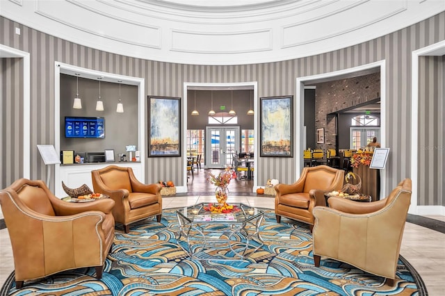 interior space featuring light tile patterned floors and wallpapered walls