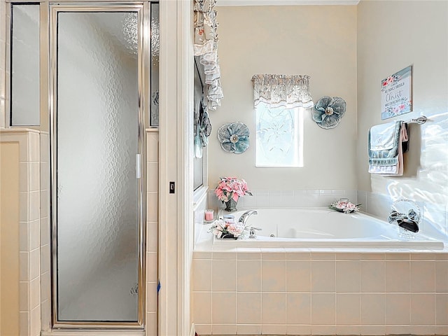 bathroom with a tub with jets and a shower stall