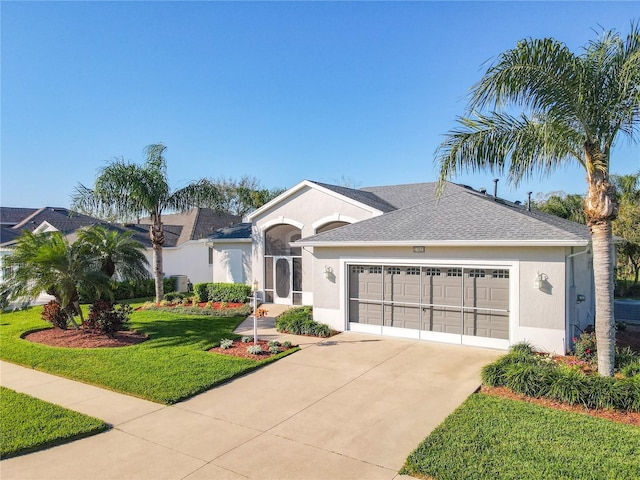 27023 Old English Ct, Leesburg, FL 34748 - single story home featuring a garage, stucco siding, driveway, a front lawn, and a shingled roof