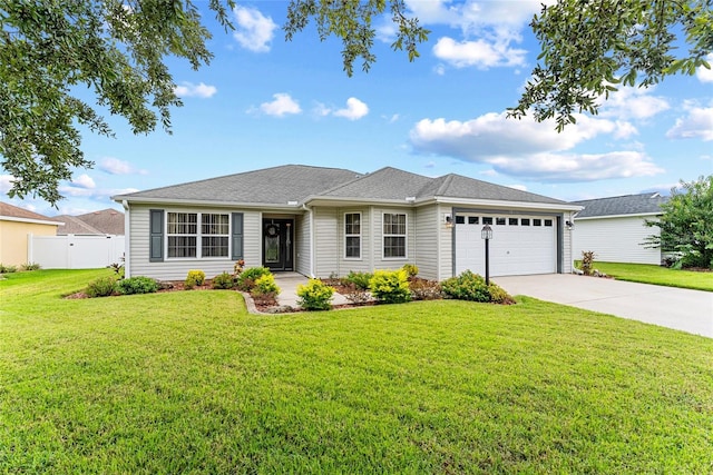 ranch-style home featuring a front lawn, an attached garage, driveway, and fence