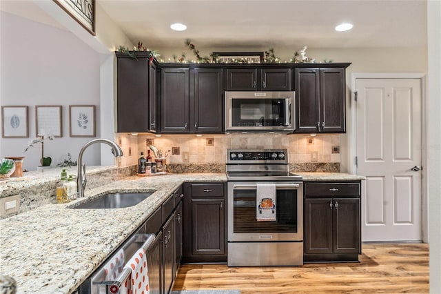 kitchen featuring a sink, decorative backsplash, light wood-style floors, and stainless steel appliances