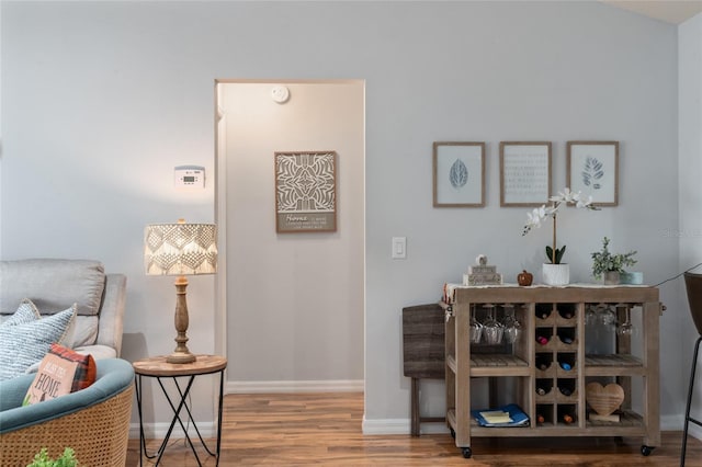 sitting room with baseboards and wood finished floors