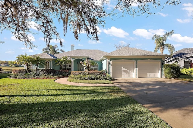 view of front of home with stucco siding, an attached garage, concrete driveway, and a front lawn