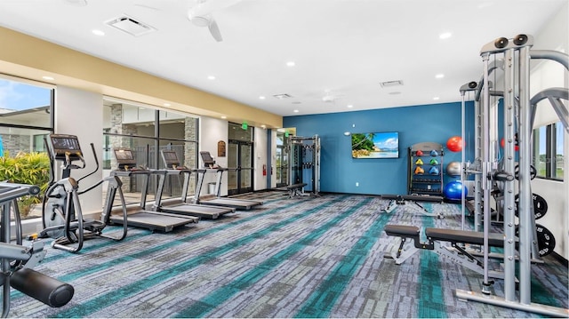 gym featuring recessed lighting, carpet, and visible vents